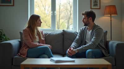 Couple sitting apart on sofa illustrating communication breakdown and relationship tension