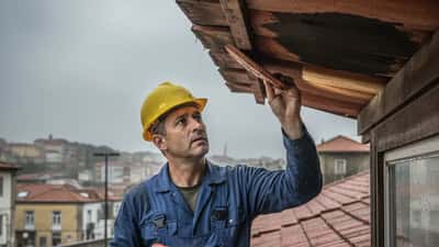 Empreiteiro português a inspecionar danos no telhado após chuva intensa no Porto