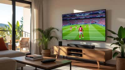 Sala de estar com televisão grande a transmitir um jogo de futebol