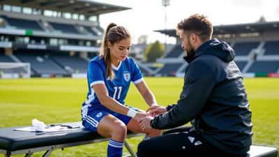 Junge Fußballspielerin mit Knieschmerzen am Spielfeldrand bei der U-17-Frauen-Europameisterschaft 2026