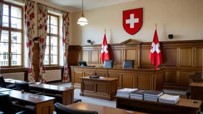 Salle d'audience d'un tribunal pénal suisse avec le banc des juges et le pupitre de l'avocat