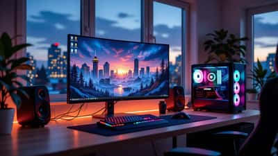 Ordinateur gaming moderne affichant un jeu en monde ouvert nocturne avec éclairage néon