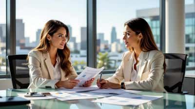 Actress reviewing studio contract and tax documents with wealth advisor in Los Angeles office