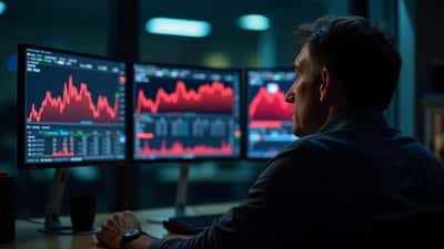 Investisseur canadien face à des écrans montrant la volatilité des marchés boursiers, indice VIX en hausse