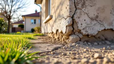 Fissure diagonale sur façade d'une maison française en zone argileuse, sol argileux craquelé au pied des fondations en pleine sécheresse 2026