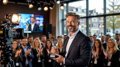 Reinout Oerlemans ontvangt de Media Oeuvre Award 2026 op een televisieawardceremonie in Amsterdam