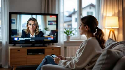 Femme regardant une émission de reconstruction criminelle à la télévision, smartphone à portée de main