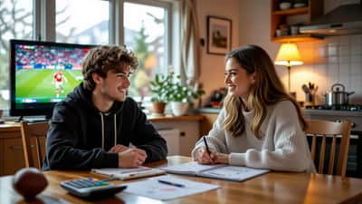 Student and parent doing probability maths homework with a France-England football match on TV