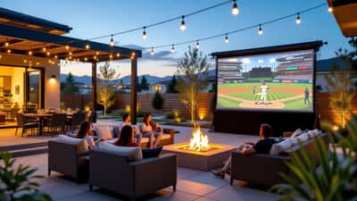 Backyard Home Run Derby 2026 viewing setup with outdoor projector screen, seating, and string lights