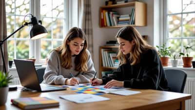 Student and tutor working through word-categorisation puzzle on tablet with GCSE revision guides in UK home study session