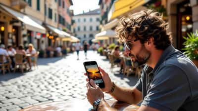 Uomo in un caffè all'aperto a Roma con smartphone surriscaldato durante l'ondata di calore estivo 2026