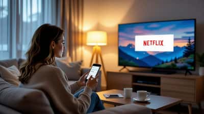 American woman frustrated by Netflix outage checking consumer rights on smartphone in living room