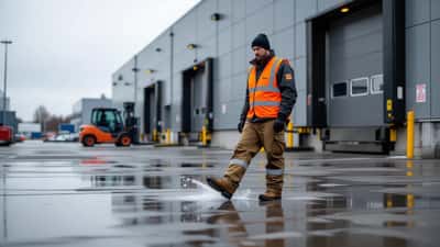 Lagerarbetare i orange säkerhetsväst halkar på isig lastbrygga vid ett logistiklager i Sverige under grå höstmorgon