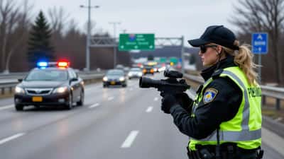 Agent de la Sûreté du Québec avec radar sur l'autoroute effectuant un contrôle de vitesse