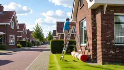 Man past buitenzonwering aan op bakstenen rijtjeshuis in Deurne tijdens hittegolf juni 2026