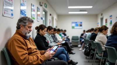 Homem brasileiro consultando aplicativo de agendamento de consulta médica pelo celular em sala de espera de UBS