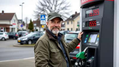 Dansk bilist fylder benzin på tankstation og kigger bekymret på prisskiltet
