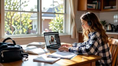Australian high-school student studying maths at home with an online tutor during a teacher strike