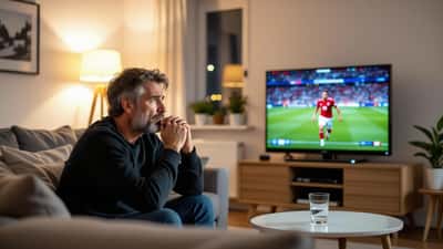 Supporter de football regardant un match sur sa télévision, main sur la poitrine, visage anxieux