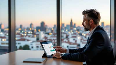 Consultor financeiro português a analisar dados de investimento desportivo em tablet num escritório moderno em Lisboa