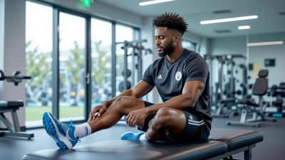 Footballer doing rehabilitation exercises in a modern sports clinic