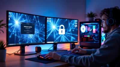 Joven gamer ante dos monitores con pantalla de actualización de software y alerta de seguridad informática