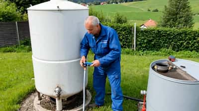 Installateur prüft Flüssiggas-Tank bei österreichischem Einfamilienhaus