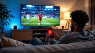 Homem brasileiro no sofá com celular exibindo alerta de malware enquanto jogo de futebol passa na TV ao fundo