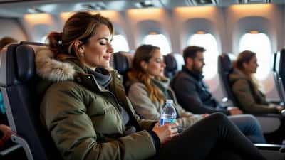 Passenger on a long-haul flight rubbing her calf in an economy seat