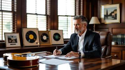 Bureau d'avocat spécialisé en succession avec contrats musicaux et disques d'or encadrés