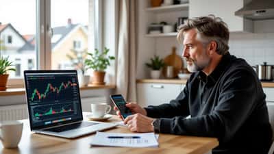 Dansk privatinvestor kigger bekymret på aktiekurser på en laptop ved køkkenbordet