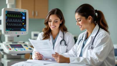 Female cardiologist reviewing echocardiogram results with a young female patient in a Toronto cardiology clinic