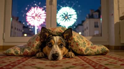 Chien apeuré caché sous un canapé pendant des tirs de pétards de célébration la nuit