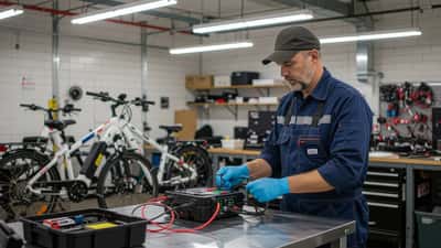 E-bike monteur controleert accu batterij op werkbank fietsspecialist werkplaats 2026
