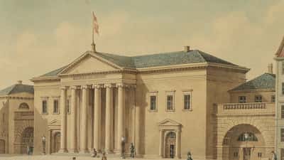 Historisk maleri af Byretten i København, dansk retsbygning