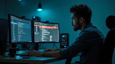 Técnico de TI brasileiro monitorando atualizações de software em escritório com múltiplas telas em São Paulo