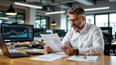 Lavoratore italiano preoccupato che esamina il cedolino paga con grafico IRPEF e banconote euro sulla scrivania