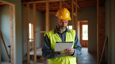 Builder in hi-vis vest reviewing building permit documents on a construction site in suburban Melbourne