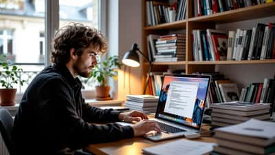Jeune homme regardant une notification de violation de droits d'auteur sur son écran, mangas sur l'étagère derrière lui
