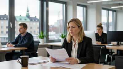 Kvinna sitter ensam vid kontorsbord med HR-dokument medan kollega vänder ryggen — kränkande särbehandling på arbetsplatsen