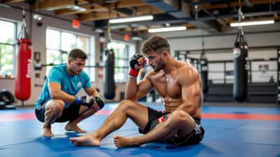 Pratiquant de MMA assis sur des tapis de gym se tenant la tête après un impact au sparring, style photojournalisme