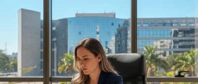 Mulher brasileira de 32 anos em blazer profissional estudando documentos jurídicos para concurso TJ SC em Florianópolis, computador e livros de direito na mesa