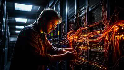 IT technician examining server rack with red alert lights during TPG internet outage in Australian data centre