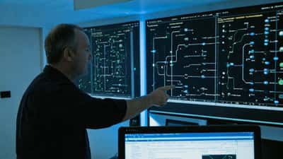 Consultant IT analysant des diagrammes de circuits quantiques sur un écran dans un bureau moderne à Zurich