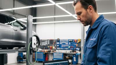 Automonteur voert diagnostisch onderzoek uit op elektrisch voertuig in Amsterdam garage