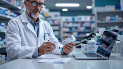 Apotheker toont GLP-1 afslankmedicatie in een Nederlandse apotheek, met zorgverzekeringspas en recept op de toonbank