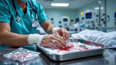 Sjuksköterska lindar om en patients skadade hand med en metallring och kompresser på en bricka bredvid
