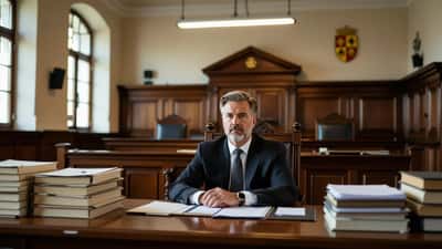 Mann im Anzug auf der Anklagebank in einem deutschen Gerichtssaal mit Aktenmappen und juristischen Dokumenten
