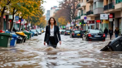 Femme traversant des eaux de crue boueuses dans une rue inondée de Barcelone en octobre 2026