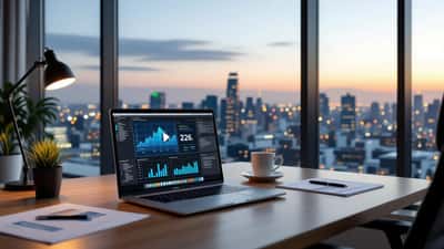 Moderner Schreibtisch mit Laptop und Video-Beratung im Büro mit deutscher Skyline